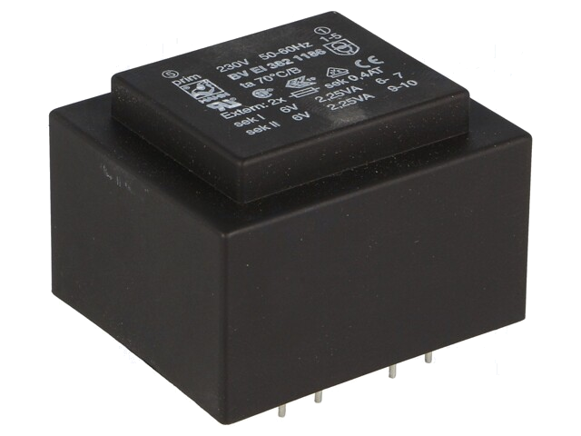 Transformator: ingegoten; 4,5VA; 230VAC; 6V; 6V; 375mA; 375mA; PCB Transformator: ingegoten; 4,5VA; 230VAC; 6V; 6V; 375mA; 375mA; PCB